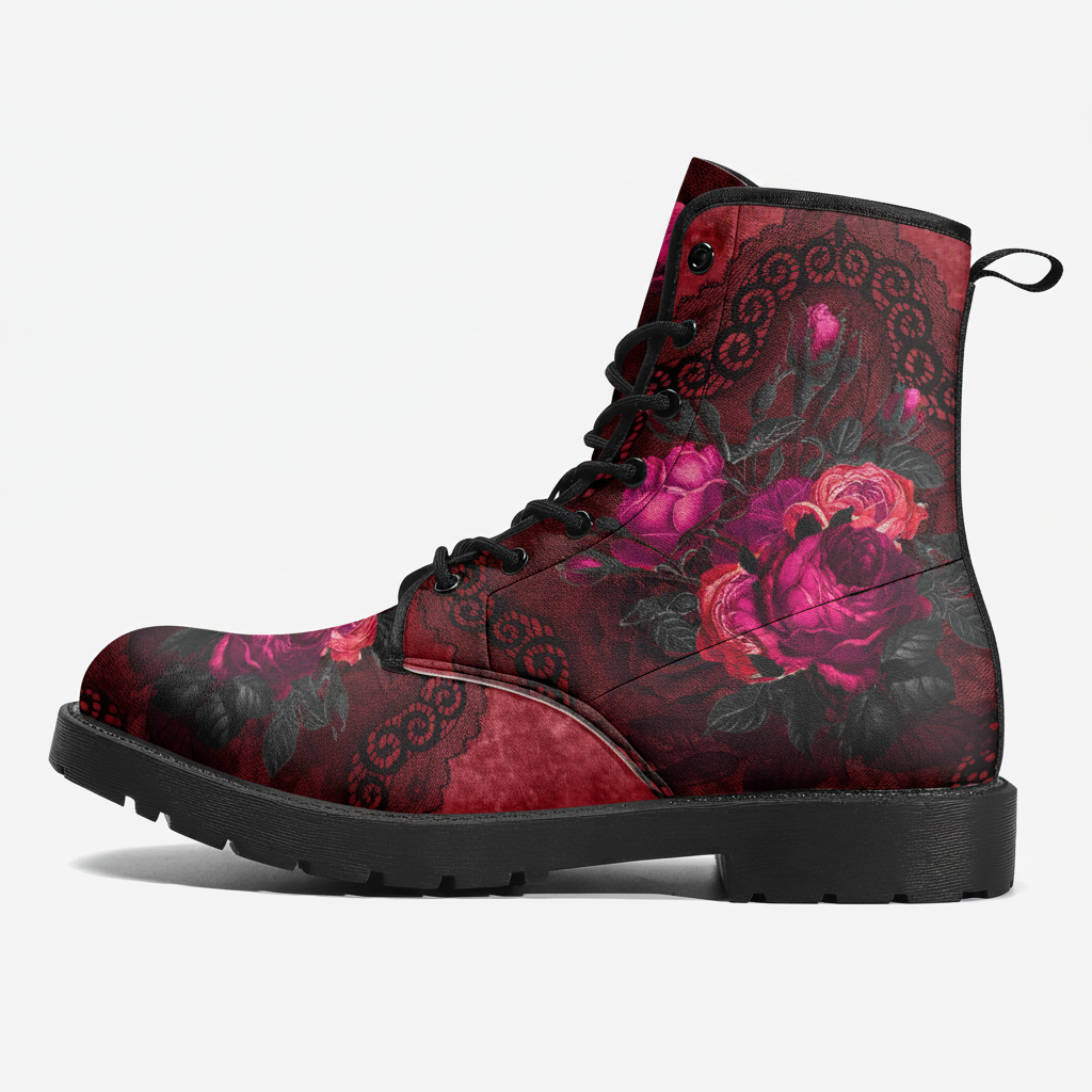 A lace-up combat boot with a dark red and black floral lace pattern, featuring large pink and red roses, black laces, and a black sole