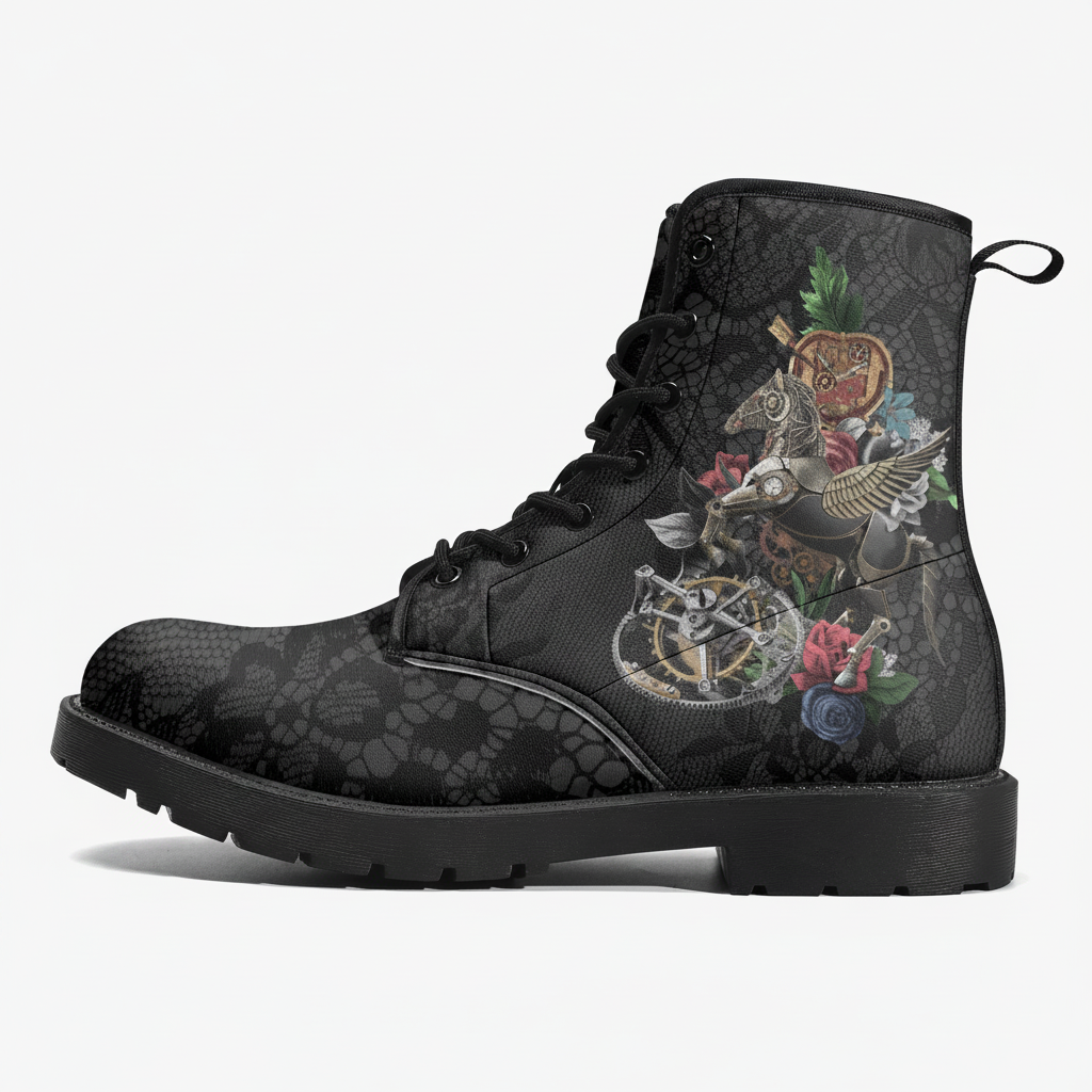 Black boot with intricate design on a white background