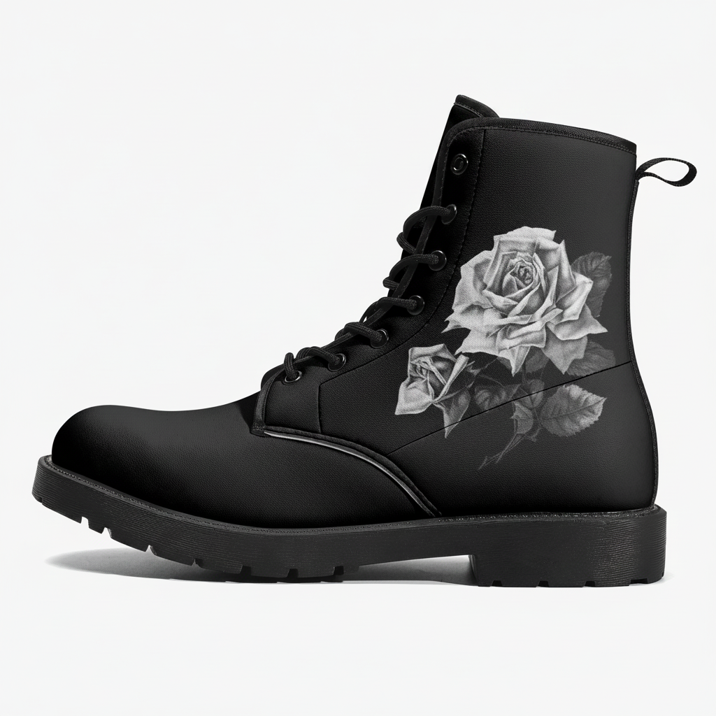 Black boot with a white rose design on a white background