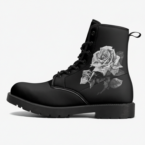 Black boot with a white rose design on a white background