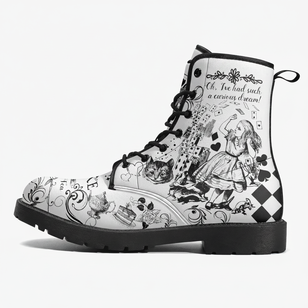 Combat Boots-Alice in Wonderland Gifts #101 Black and White Series, Gift Idea, Women's Boots, Cool Shoes, Vegan Shoes, Vegan Leather