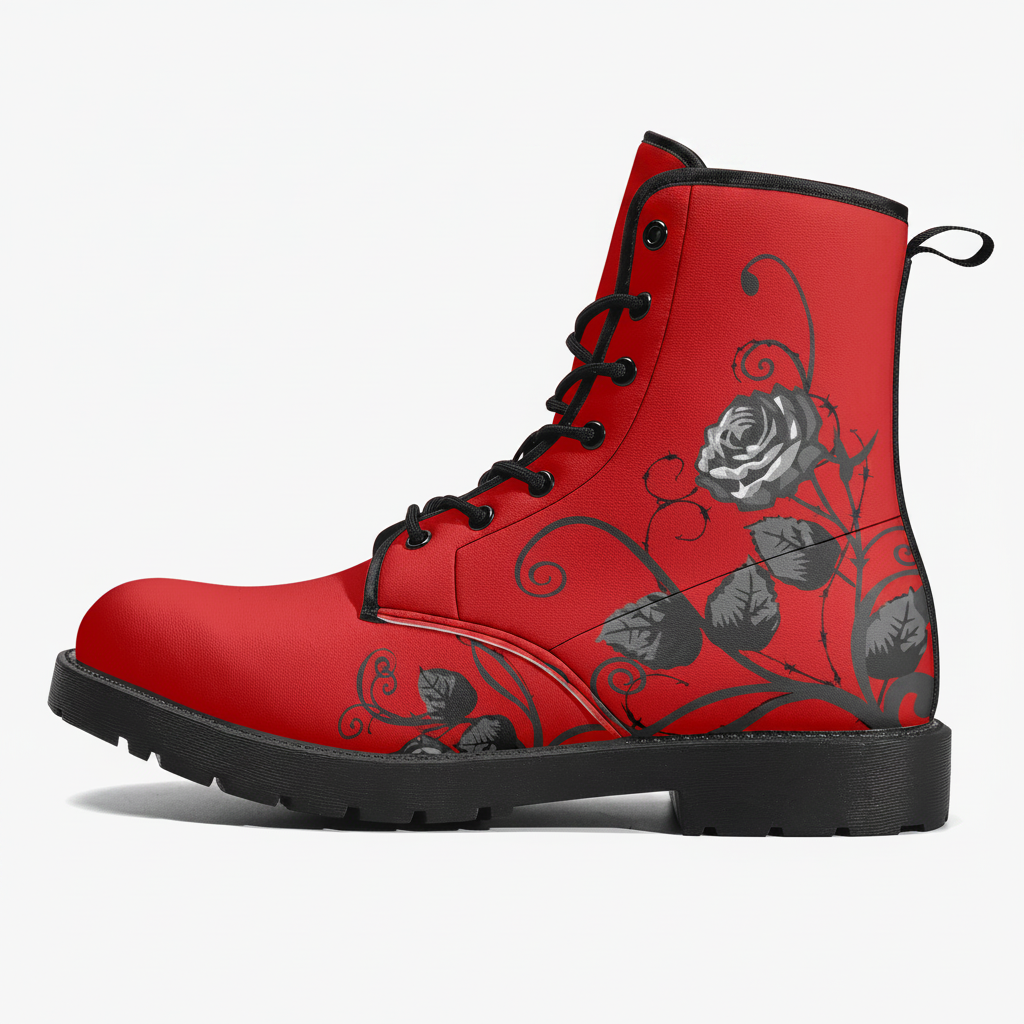 Red Combat Boots - Gray Roses | Red Boots, Boho Shoes, Handmade Lace Up Boots, Vegan Leather Lace Up Boots Women, 90s Boots
