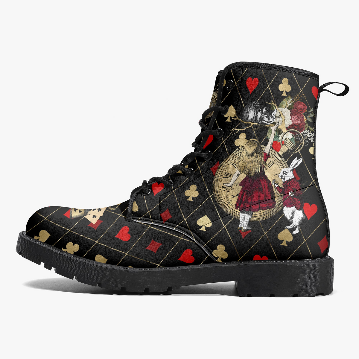 Combat Boots - Alice in Wonderland Gifts #32 Red Series, Black Lace Print | Birthday Gift Idea, Women's Black Hipster Boots, Custom Shoes