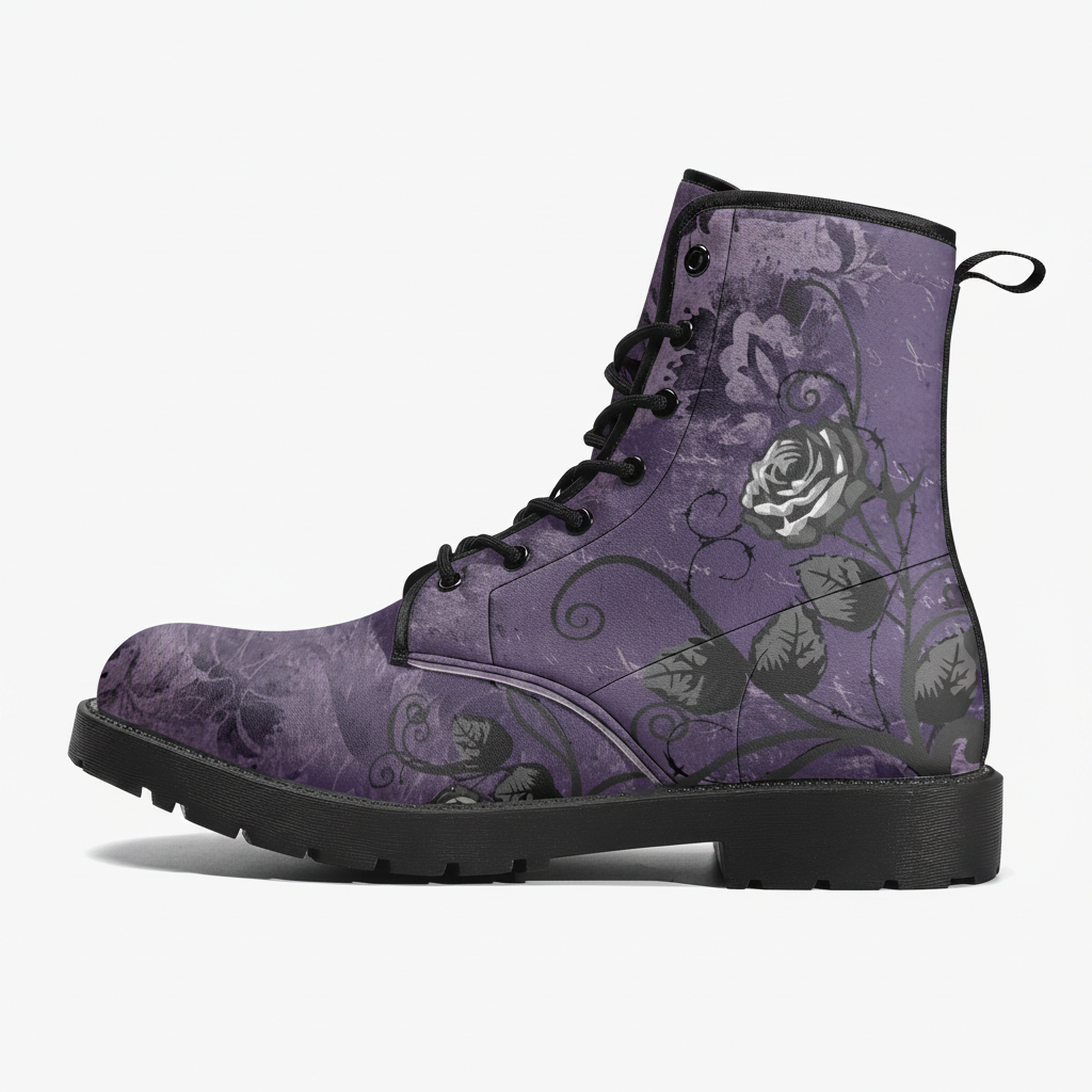 Purple Combat Boots - Gray Roses Dark Grunge Purple Boots for Women, Vegan Leather Lace Up Boots Women, Kawaii Cute Aesthetic Women's Boots