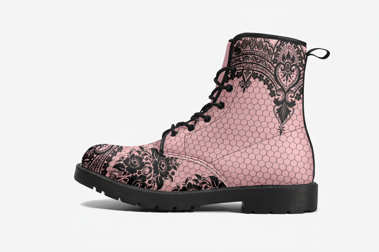 Pink Combat Boots - Gothic Lace Print #109 | Custom Shoes, Women's Boots, Aesthetic Shoes, Boho Shoes, Pink Flat Shoes, Sorority Shoes