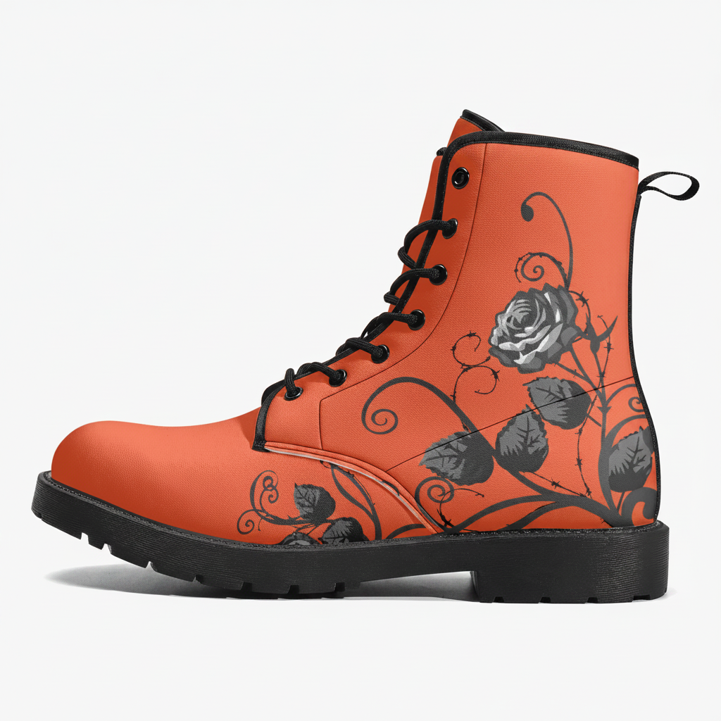 Orange boot with black floral pattern on a white background