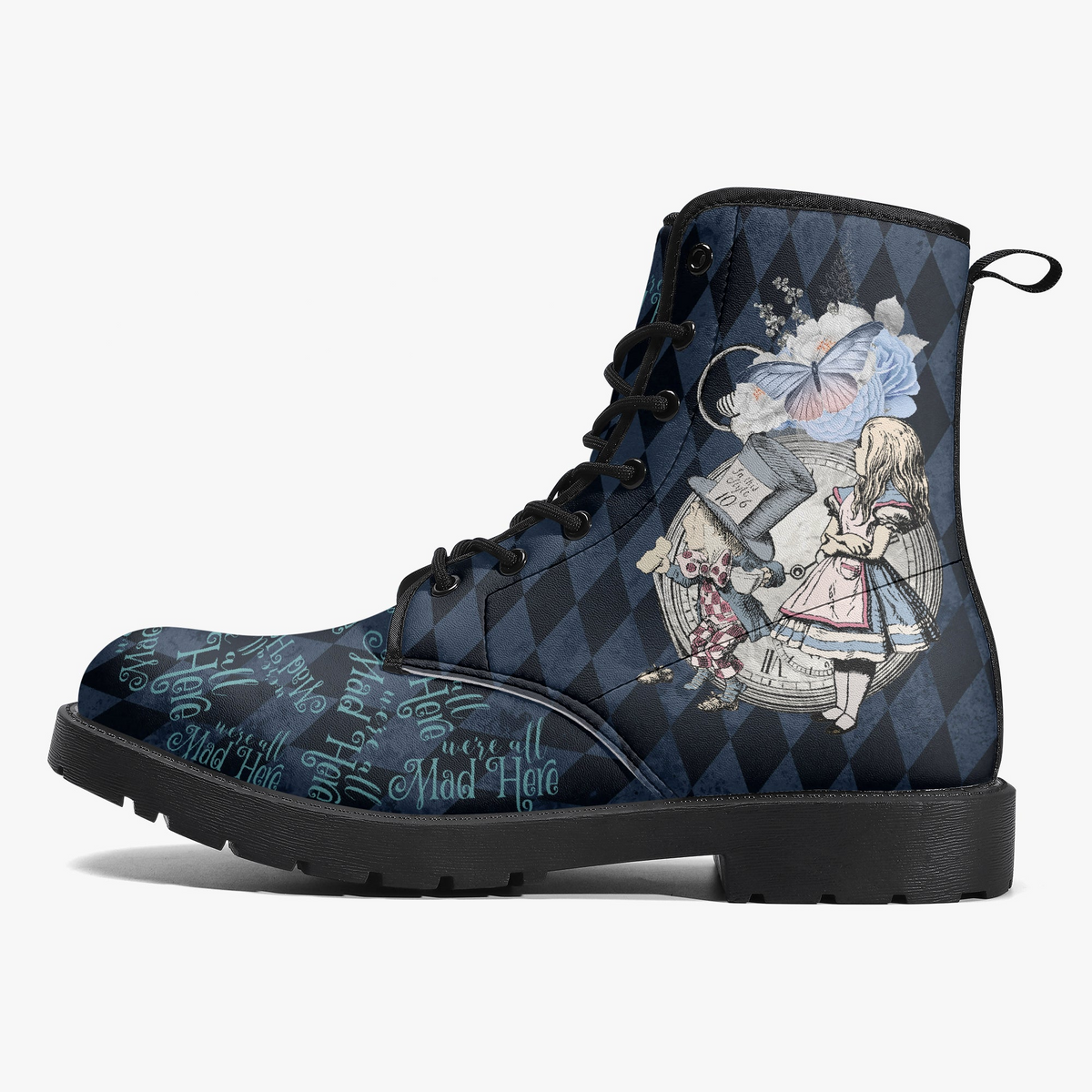 Combat Boots - Alice in Wonderland Gifts #102 Blue Series | Birthday Gifts, Gift Idea, Women's Boots, Handmade Lace Up Boots, Custom Shoes