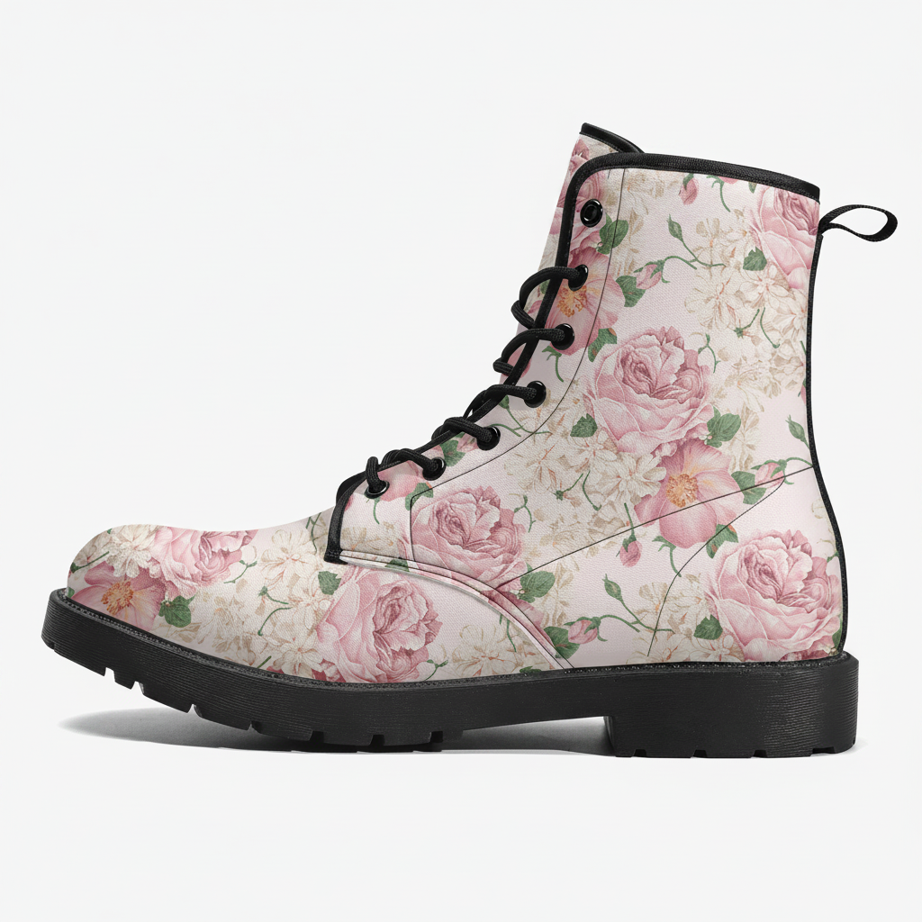 Combat Boots - Lovely Flowers #103 Pink | Vegan Leather Lace Up, Birthday Gifts, Gift Idea, Women's Custom Shoes, Aesthetic Cute Kawaii