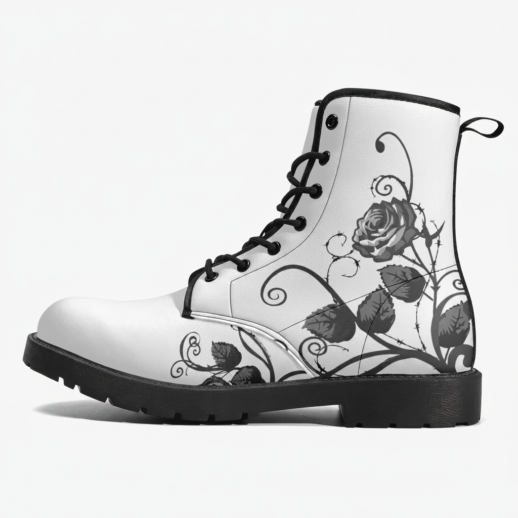 White Combat Boots - Gray Roses | Boho Shoes, Handmade Lace Up Boots, Vegan Leather Lace Up Boots Women, White Boots Women