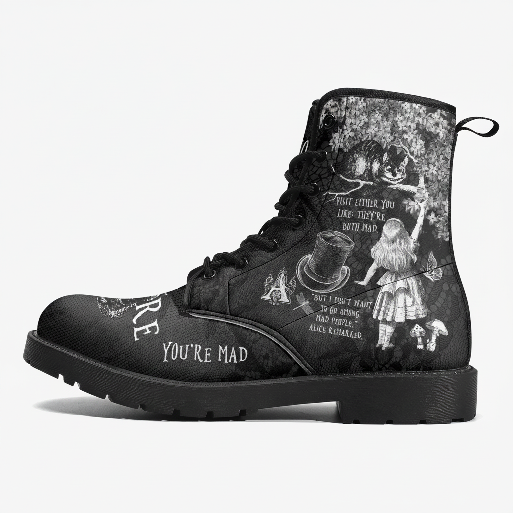 Combat Boots - Alice in Wonderland Gifts #103 Black and White Series, Cheshire Cat, Gift Idea, Women's Boots, Vegan Shoes, Vegan Leather