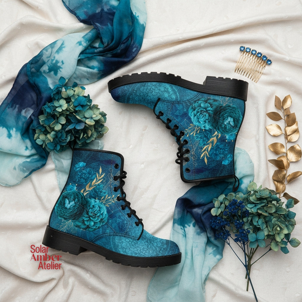 Combat Boots - Beautiful Flowers #110 Green | Cute Aesthetic Custom Shoes for Women, Wedding Bride Shoes, Vegan Leather 90s Boots