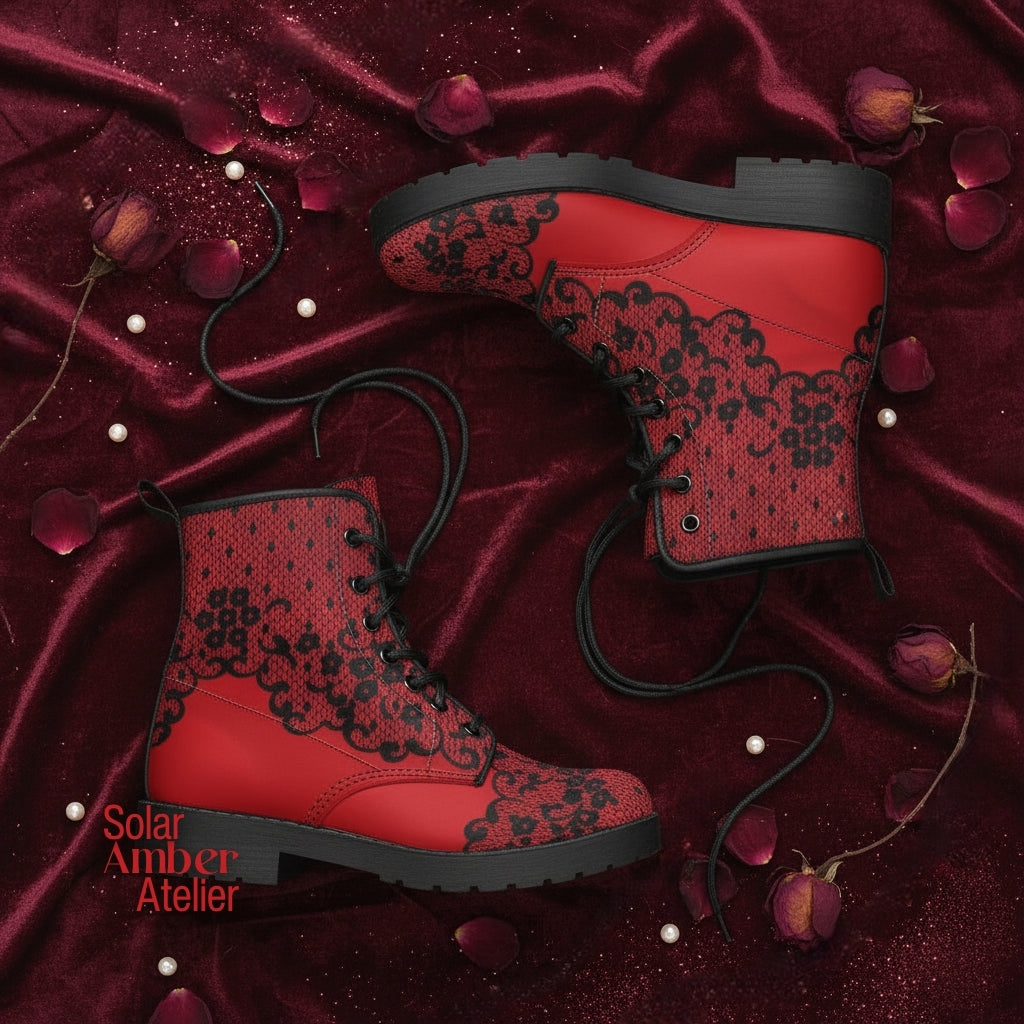 Combat Boots - Gothic Lace Print #102 Red | Custom Shoes, Hippie Boots, 90s Boots, Red Boots, Red Shoes, Lace Up Boots
