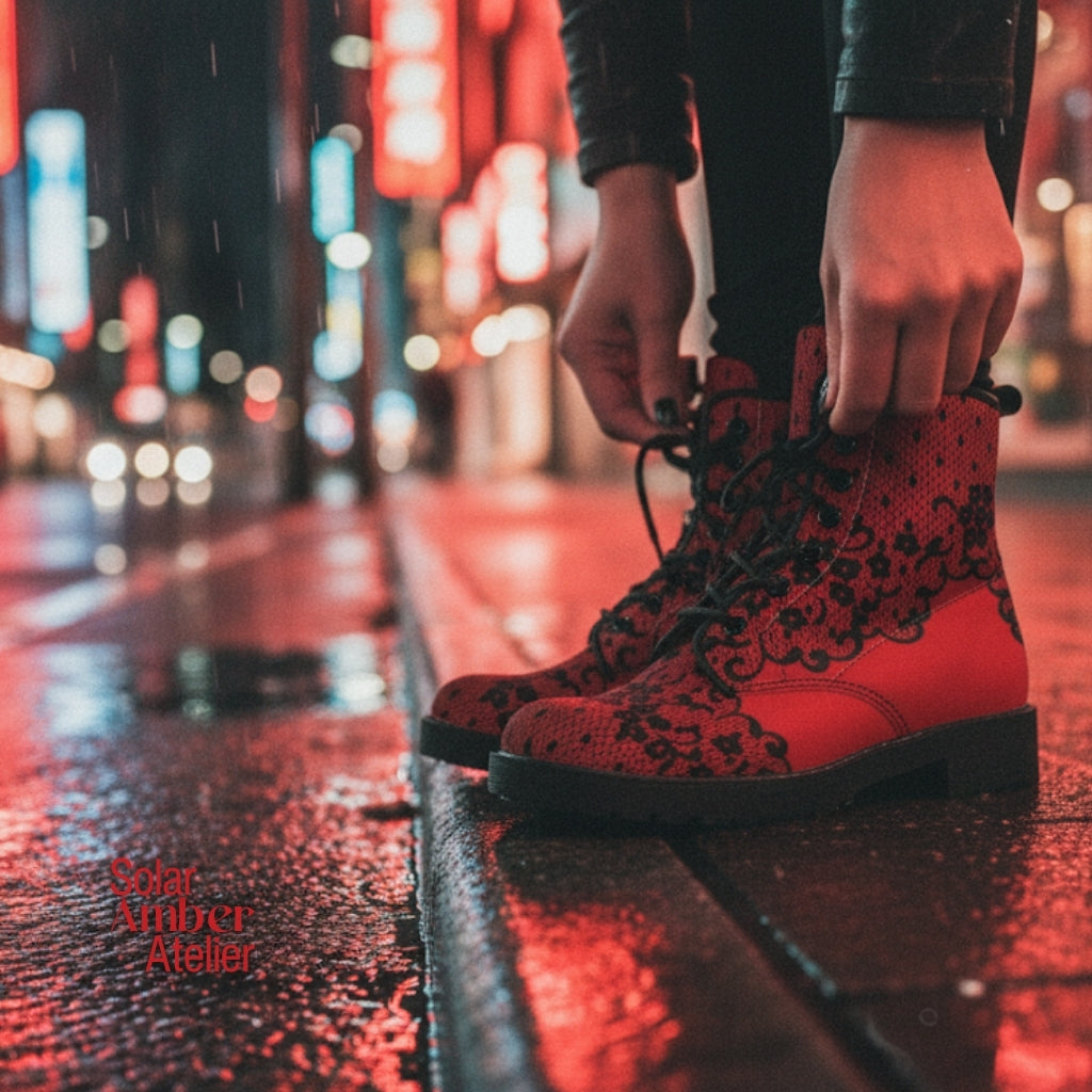 Combat Boots - Gothic Lace Print #102 Red | Custom Shoes, Hippie Boots, 90s Boots, Red Boots, Red Shoes, Lace Up Boots