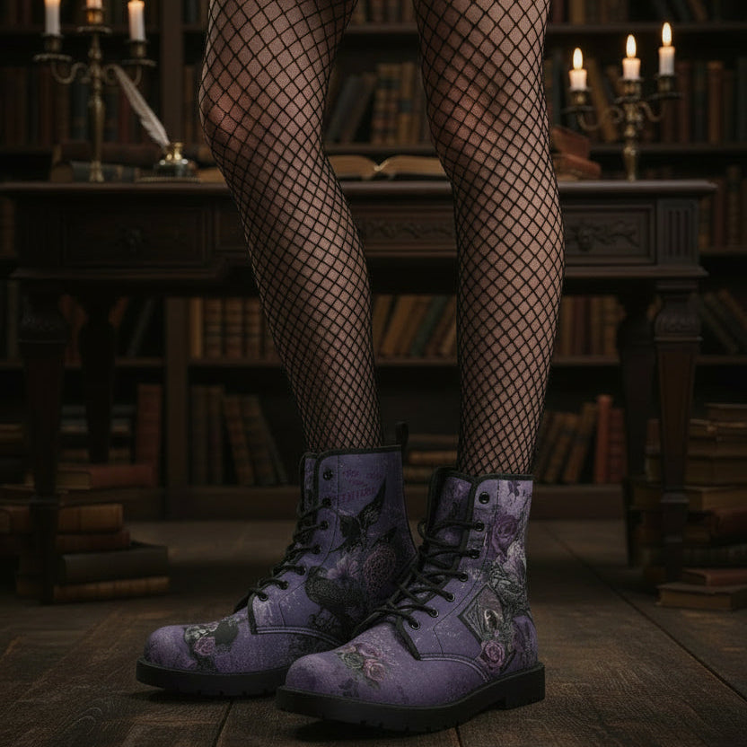 Purple Boots - Edgar Allan Poe Inspired #109 The Raven | Vegan Leather Handmade Lace Up, Custom Shoes Boho, Goth Combat Boots, Gothic Skull