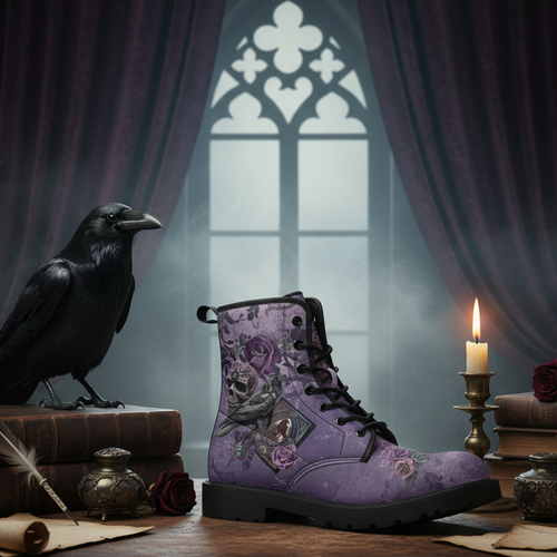 Purple boot with floral and bird design next to a black crow on a table with books and a candle.