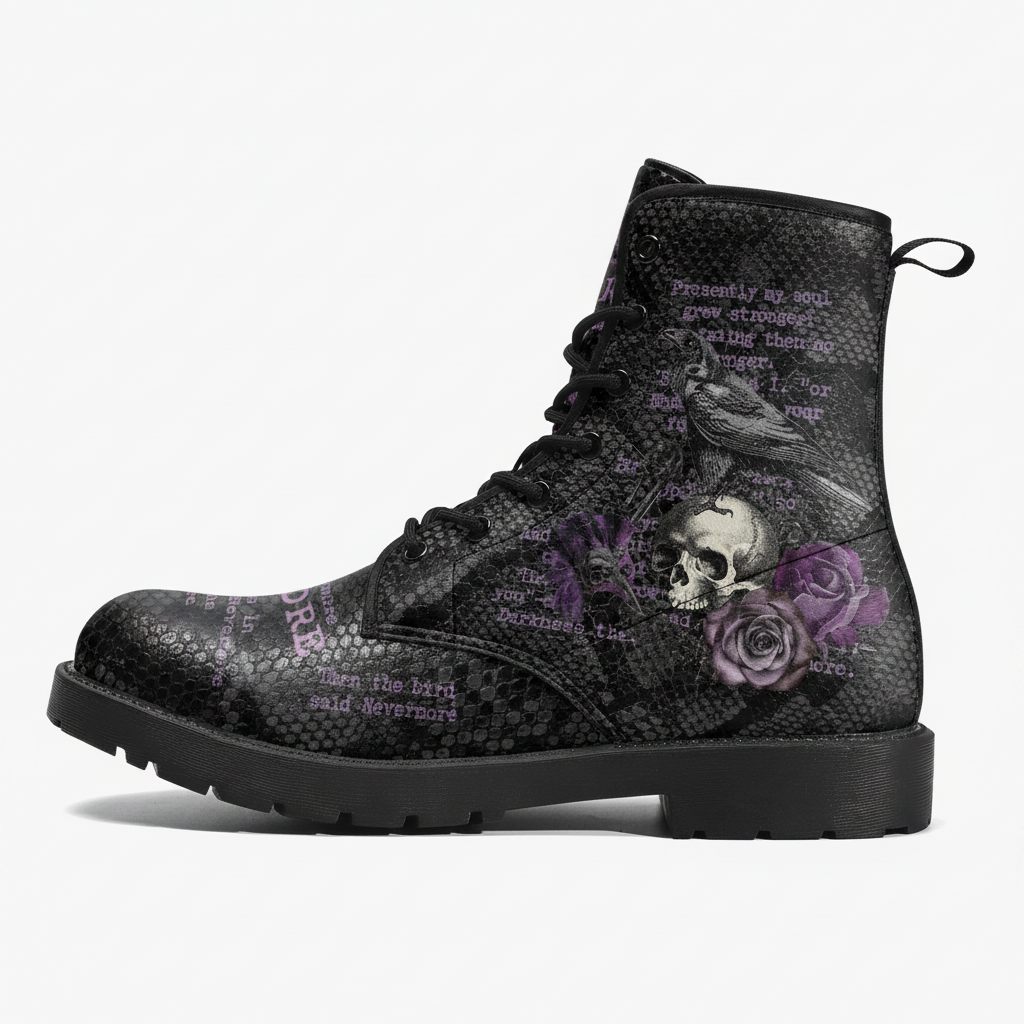Combat Boots - Edgar Allan Poe Inspired #107 The Raven | Vegan Leather Handmade Lace Up, Custom Shoes Boho, Goth Witch Boots, Gothic Skull