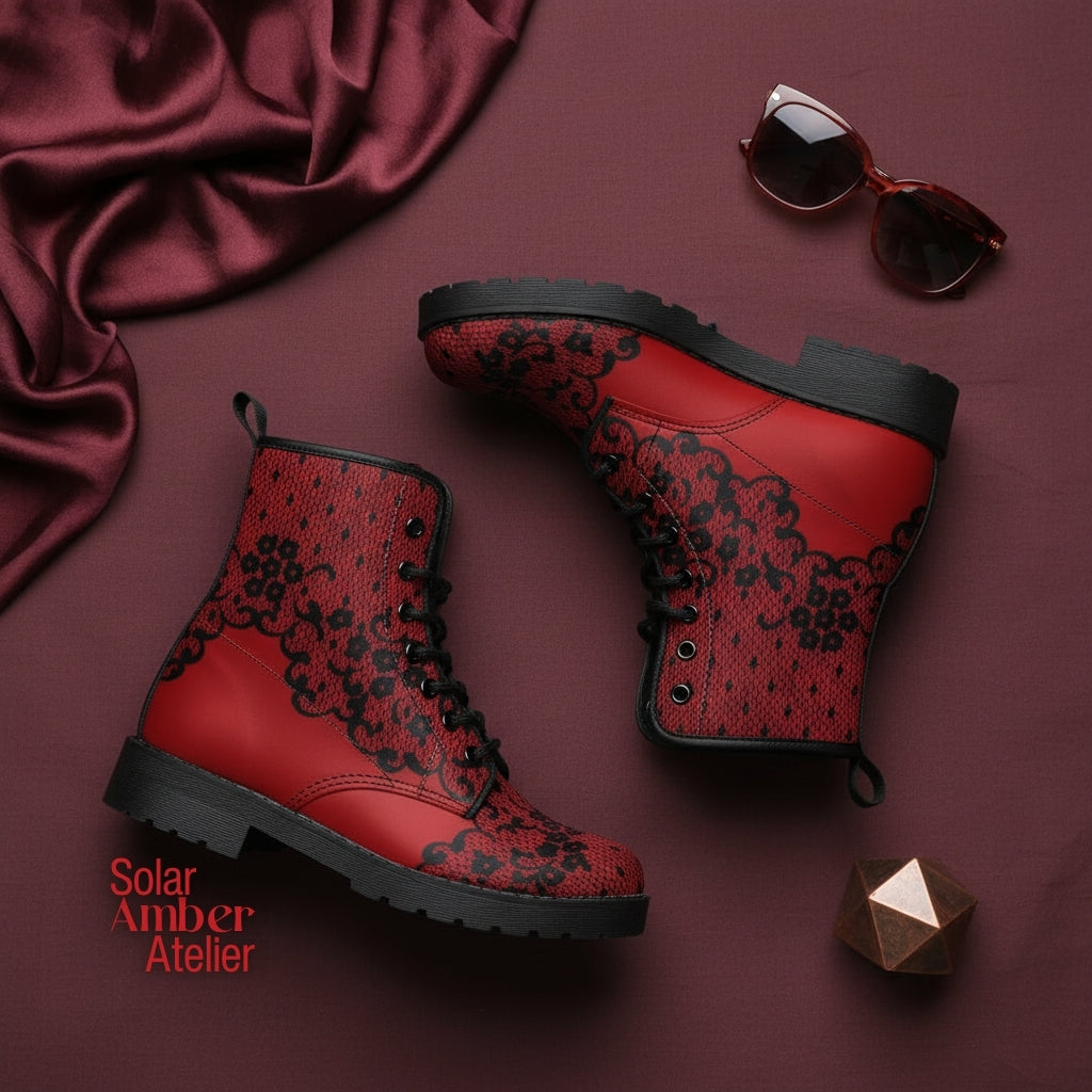 Combat Boots - Gothic Lace Print #102 Red | Custom Shoes, Hippie Boots, 90s Boots, Red Boots, Red Shoes, Lace Up Boots