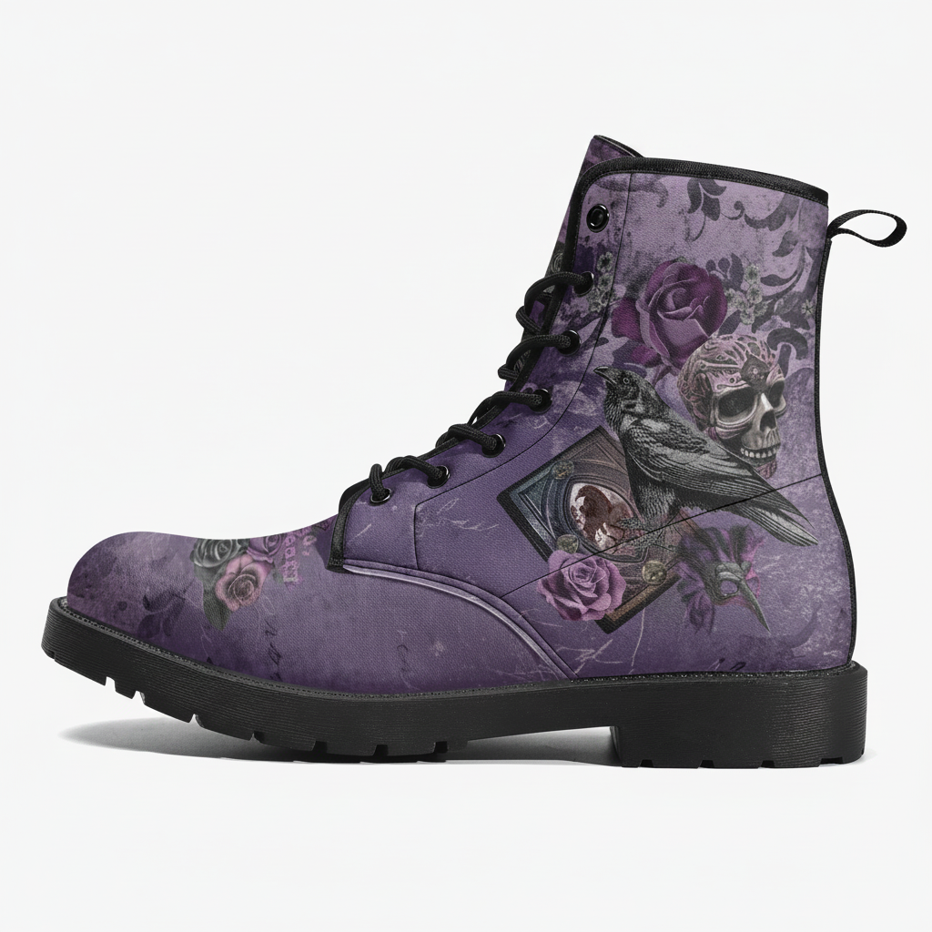 Purple Boots - Edgar Allan Poe Inspired #109 The Raven | Vegan Leather Handmade Lace Up, Custom Shoes Boho, Goth Combat Boots, Gothic Skull