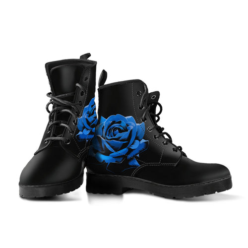 Black Combat Boots - Elegant Blue Roses | Women’s Black