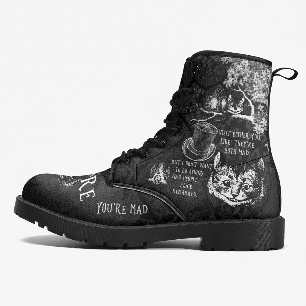 Combat Boots - Alice in Wonderland Gifts #102 Black and White Series, Cheshire Cat, Gift Idea, Women's Boots, Vegan Shoes, Vegan Leather