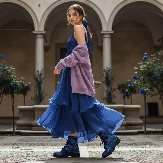 Combat Boots - Beautiful Flowers #101 Blue | Cute Aesthetic