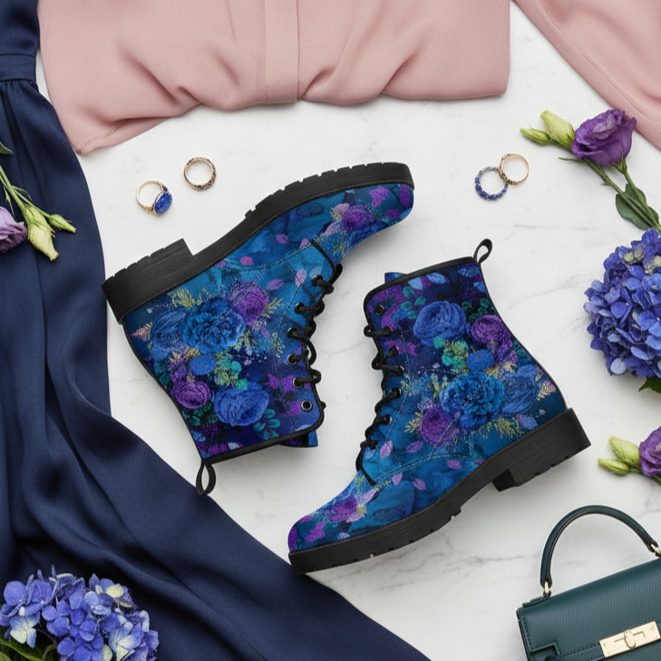 Combat Boots - Beautiful Flowers #101 Blue | Cute Aesthetic