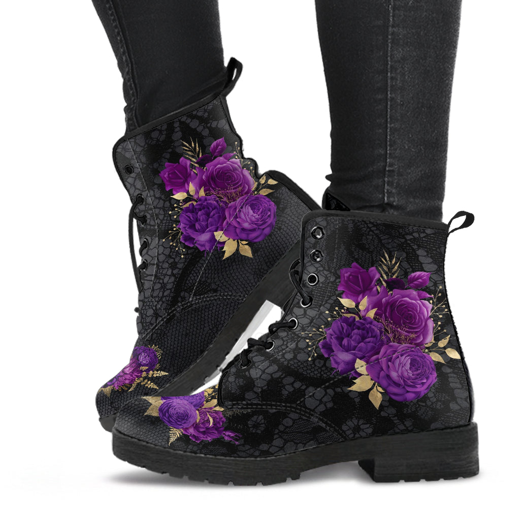 Combat Boots - Beautiful Flowers #102T | Women’s Black