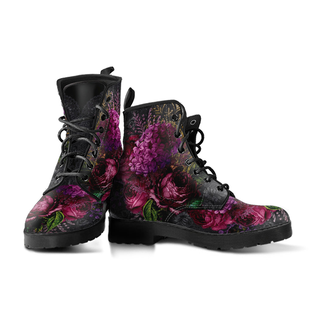 Combat Boots - Beautiful Flowers #105 Black | Vegan Leather