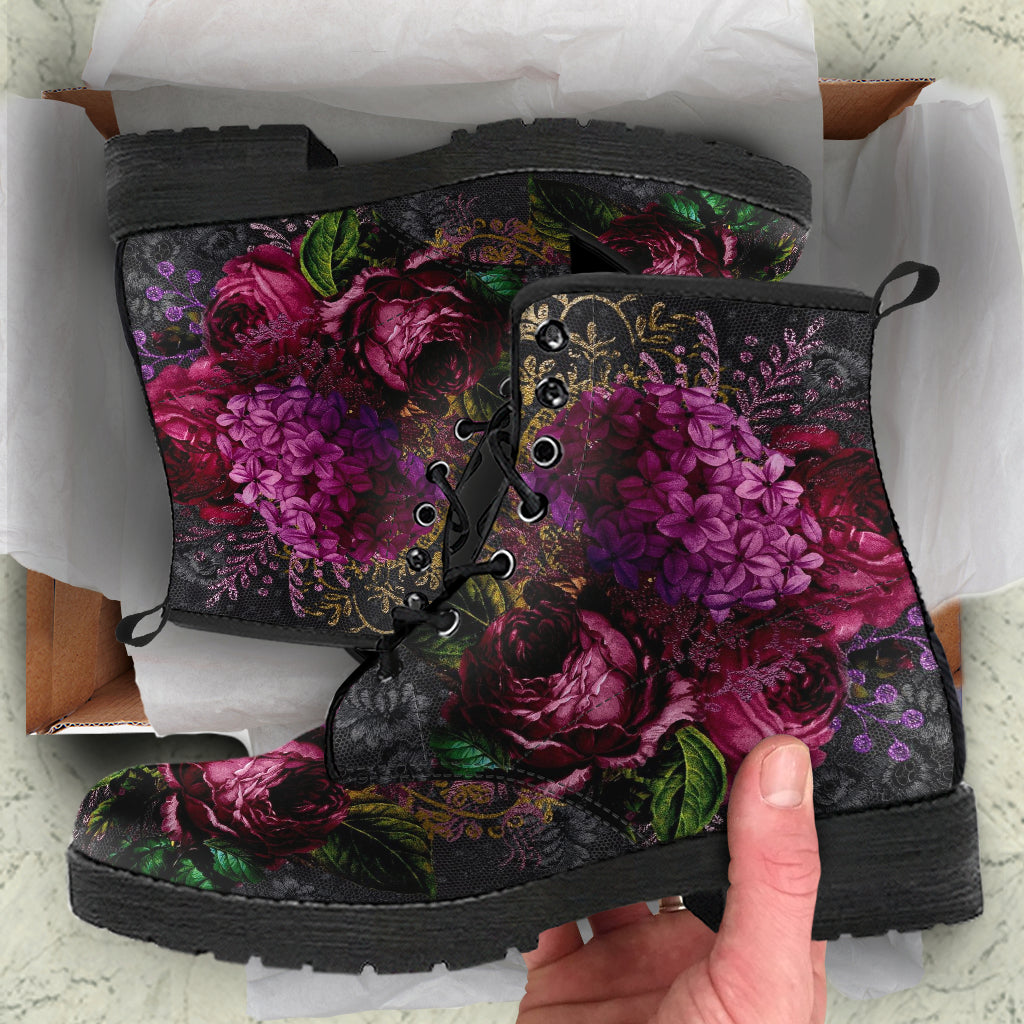 Combat Boots - Beautiful Flowers #105 Black | Vegan Leather