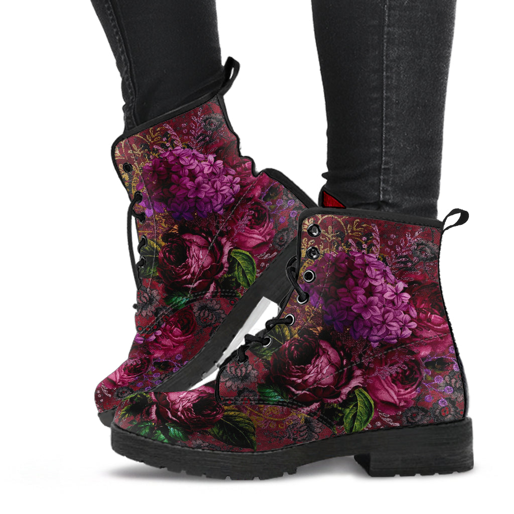 Combat Boots - Beautiful Flowers #105 Red | Vegan Leather
