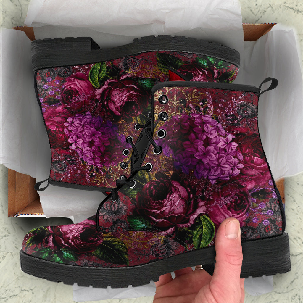 Combat Boots - Beautiful Flowers #105 Red | Vegan Leather