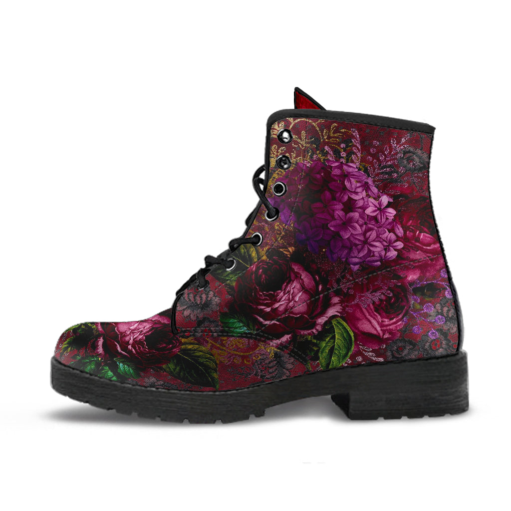Combat Boots - Beautiful Flowers #105 Red | Vegan Leather