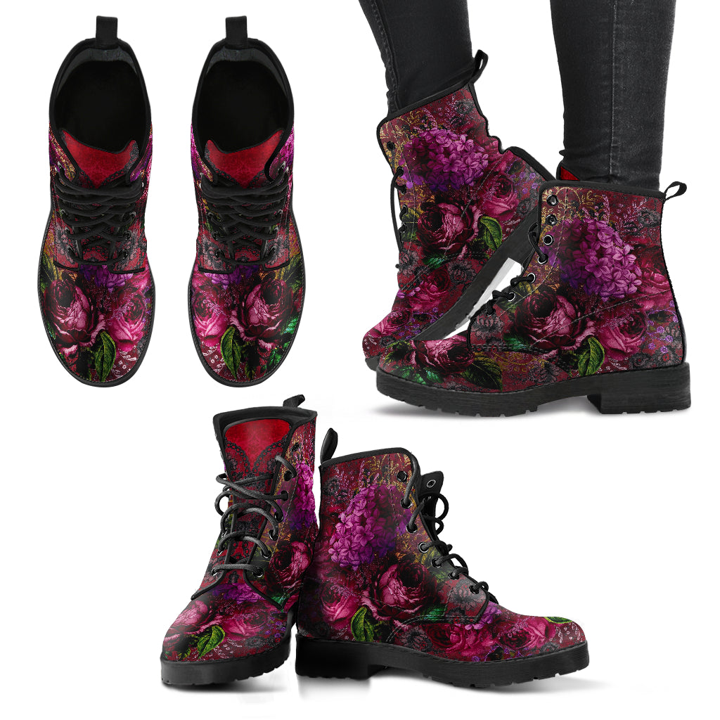 Combat Boots - Beautiful Flowers #105 Red | Vegan Leather