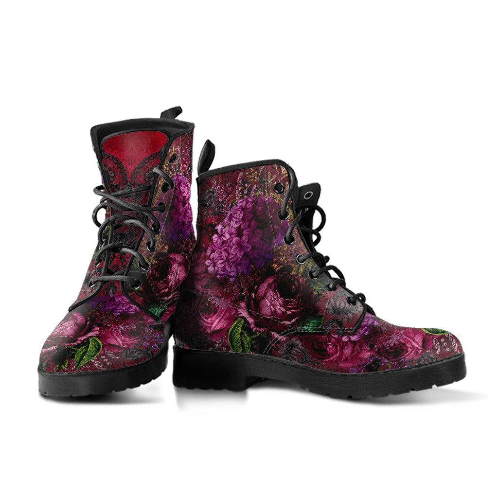 Combat Boots - Beautiful Flowers #105 Red | Vegan Leather