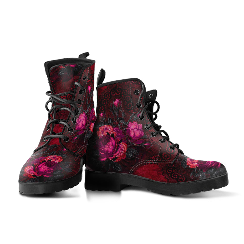Combat Boots - Beautiful Flowers #106 Red | Cute Kawaii