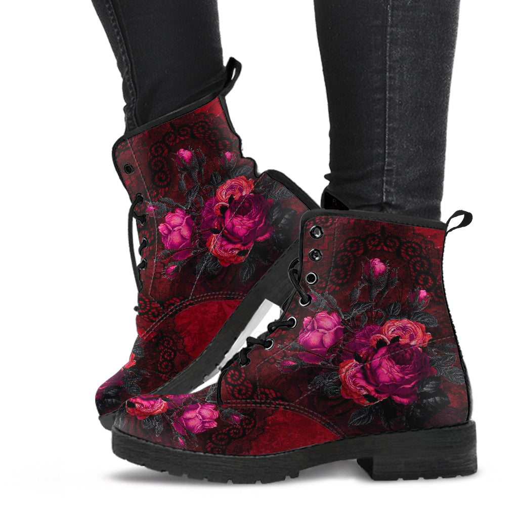 Combat Boots - Beautiful Flowers #106 Red | Cute Kawaii