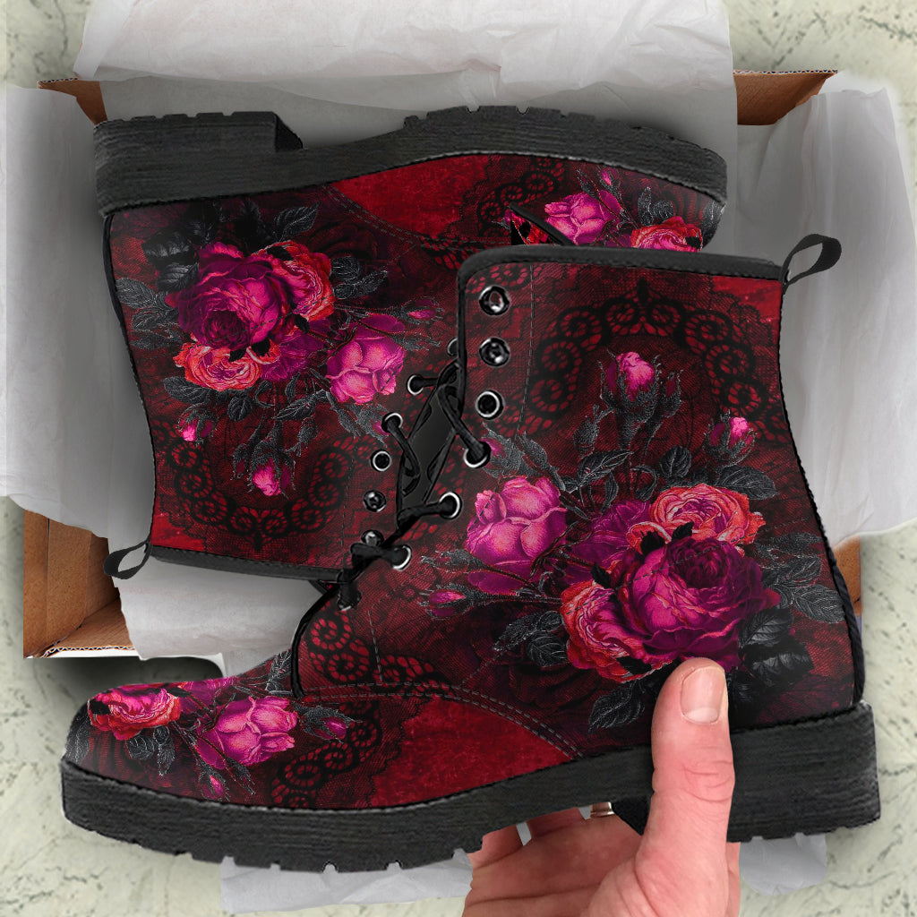 Combat Boots - Beautiful Flowers #106 Red | Cute Kawaii