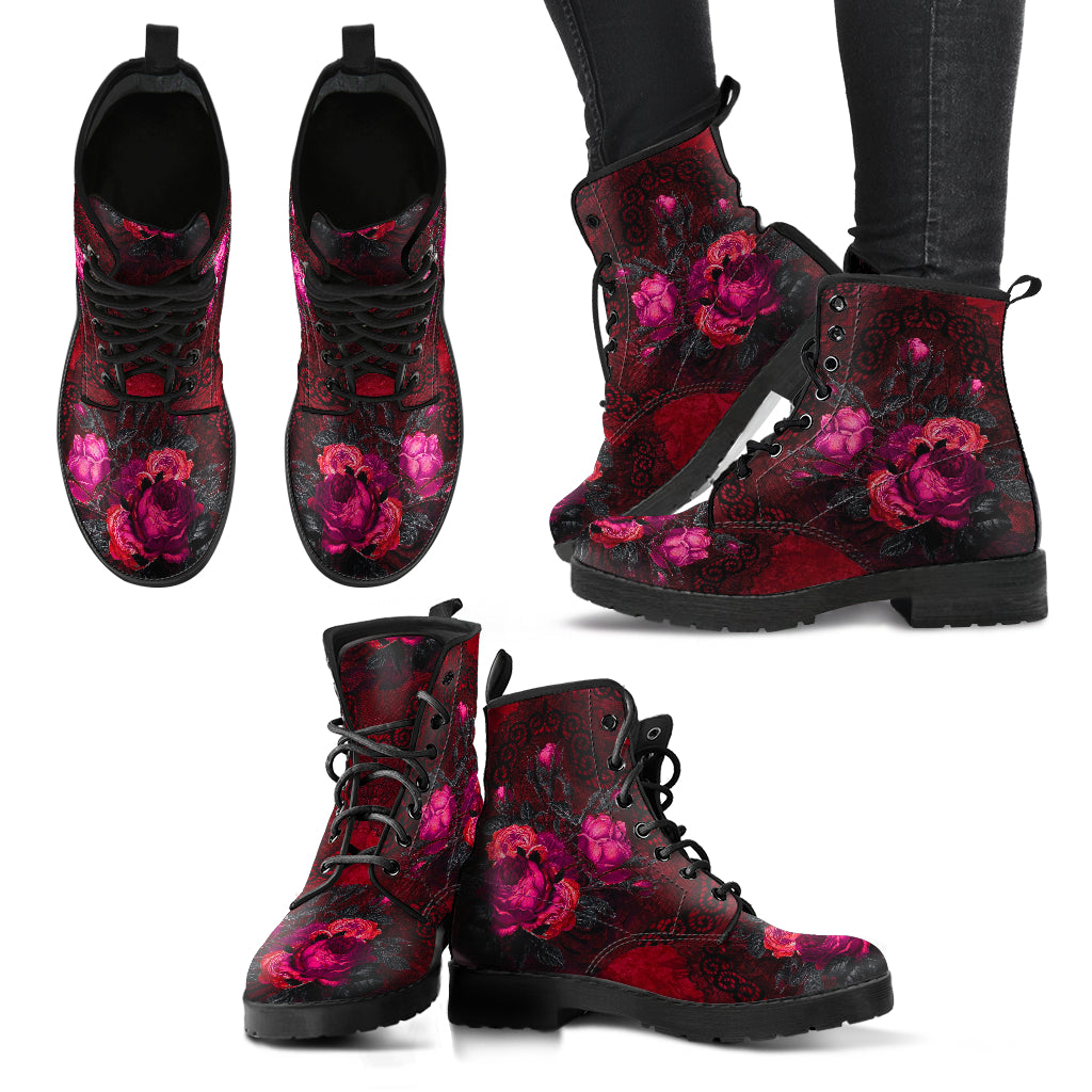 Combat Boots - Beautiful Flowers #106 Red | Cute Kawaii