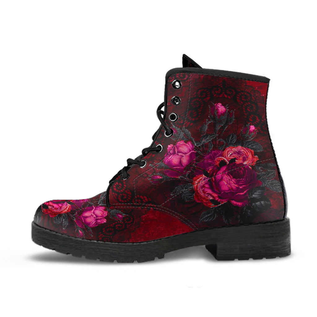 Combat Boots - Beautiful Flowers #106 Red | Cute Kawaii