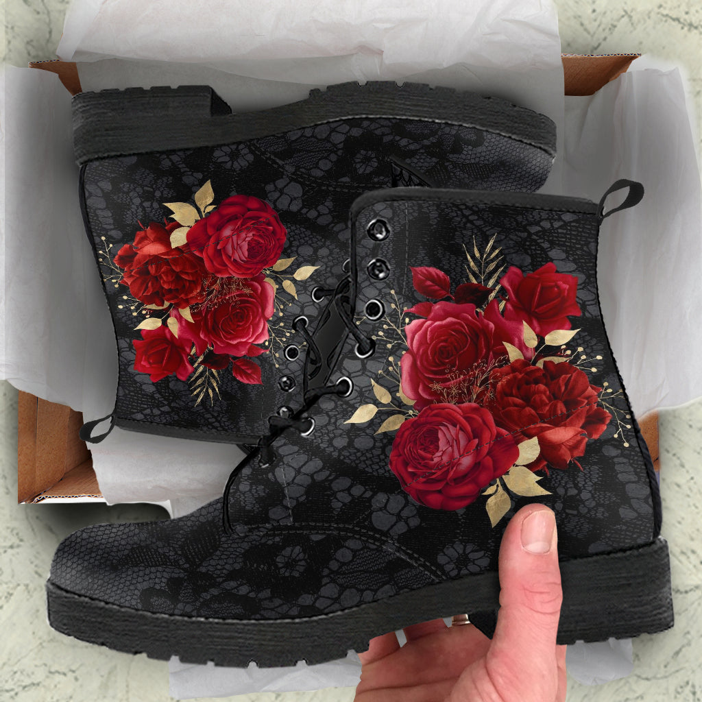 Combat Boots - Beautiful Flowers #107 Black | Cute Kawaii