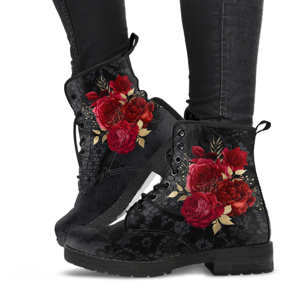 Combat Boots - Beautiful Flowers #107 Black | Cute Kawaii