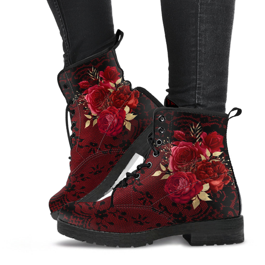 Combat Boots - Beautiful Flowers #107 Red | Cute Kawaii