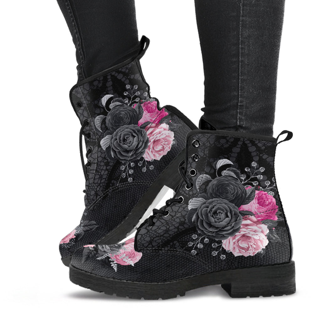 Combat Boots - Beautiful Flowers #109 Pink Lace | Aesthetic