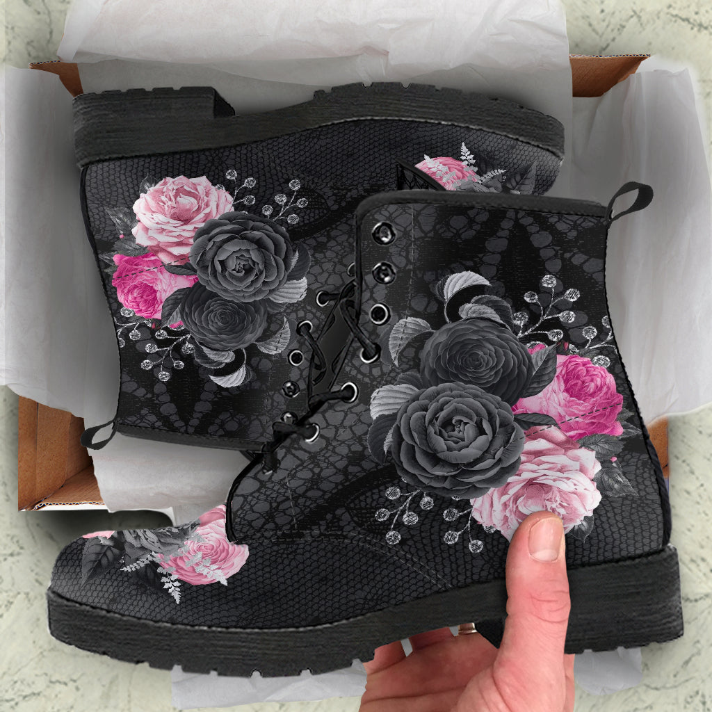 Combat Boots - Beautiful Flowers #109 Pink Lace | Aesthetic