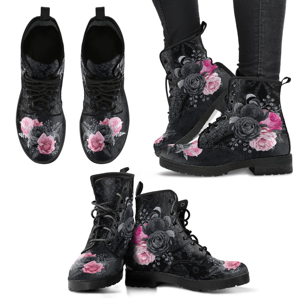 Combat Boots - Beautiful Flowers #109 Pink Lace | Aesthetic