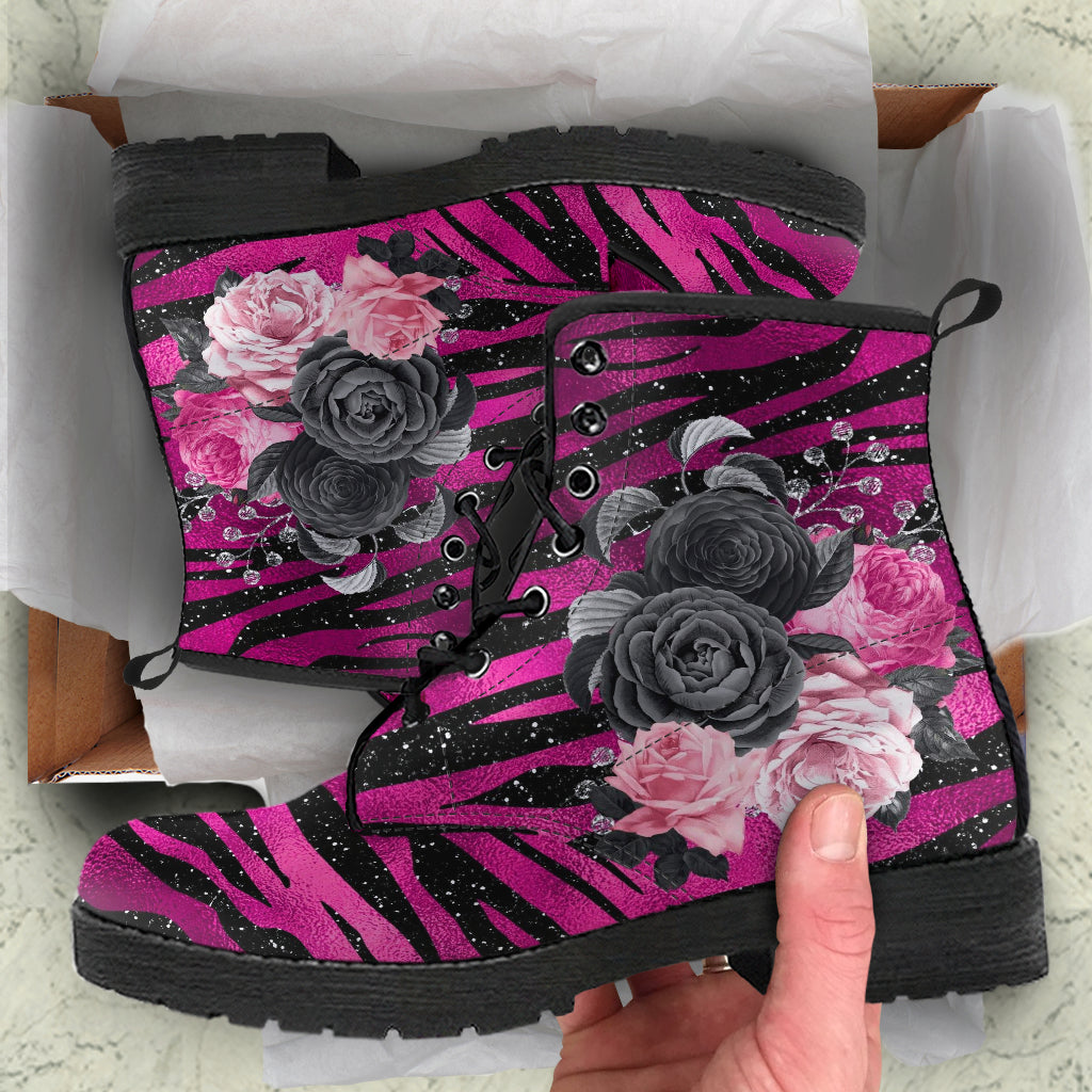 Combat Boots - Beautiful Flowers #109 Pink Leopard
