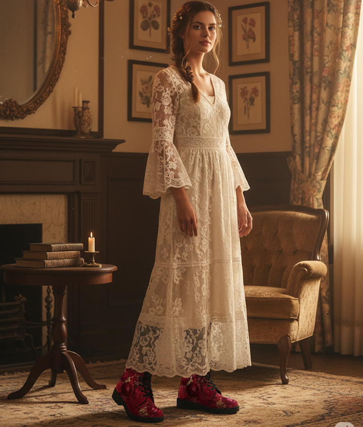 Combat Boots - Beautiful Flowers #113 Grunge Red | Cute