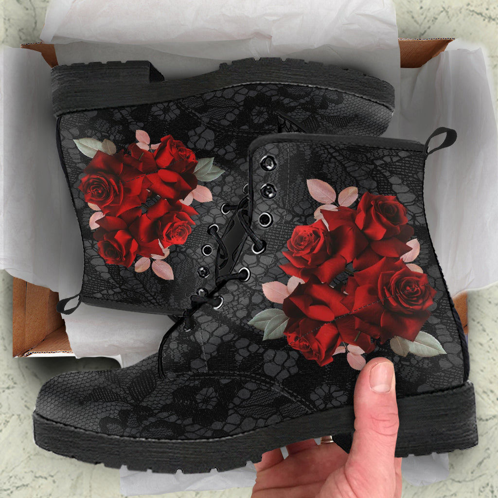 Combat Boots - Beautiful Red Roses #101 | Boho Shoes