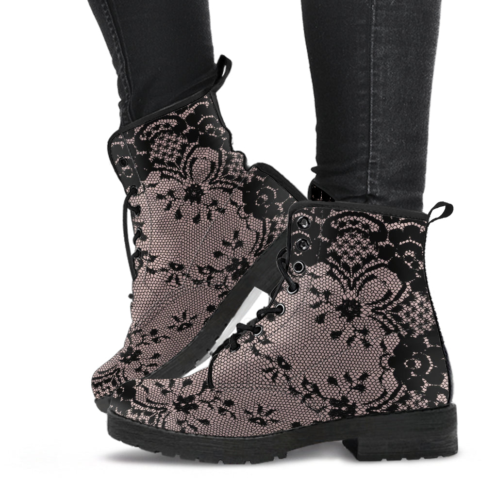 Combat Boots - Black Lace Print Design | Boho Shoes Women’s