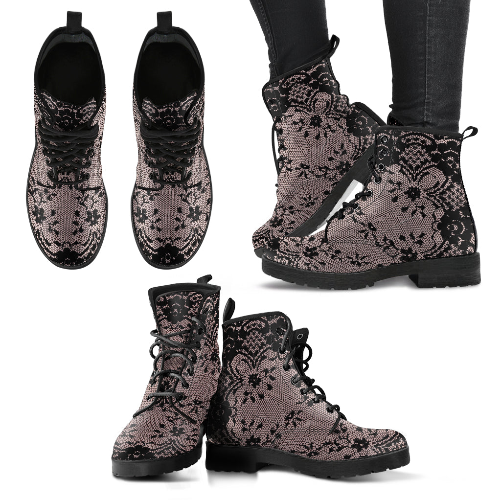 Combat Boots - Black Lace Print Design | Boho Shoes Women’s